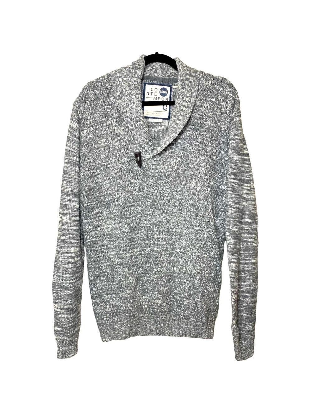 𝅺! Solid Knit Fisherman Sweater Pullover Men Sz L Wool Bld Gray Shawl Collar
𝅺